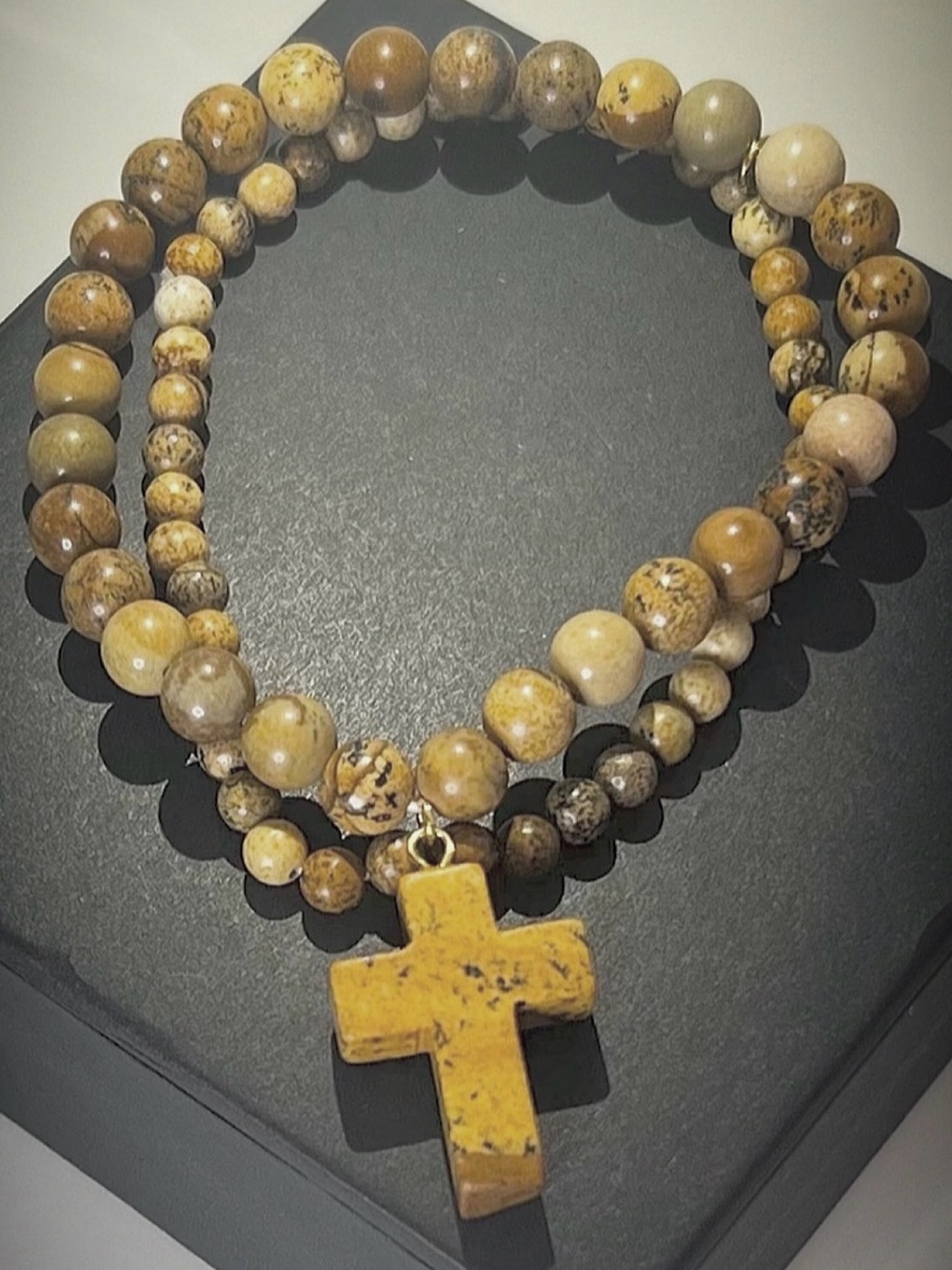 Natural Picture Stone Beaded Bracelet w Cross - Women Jewelry